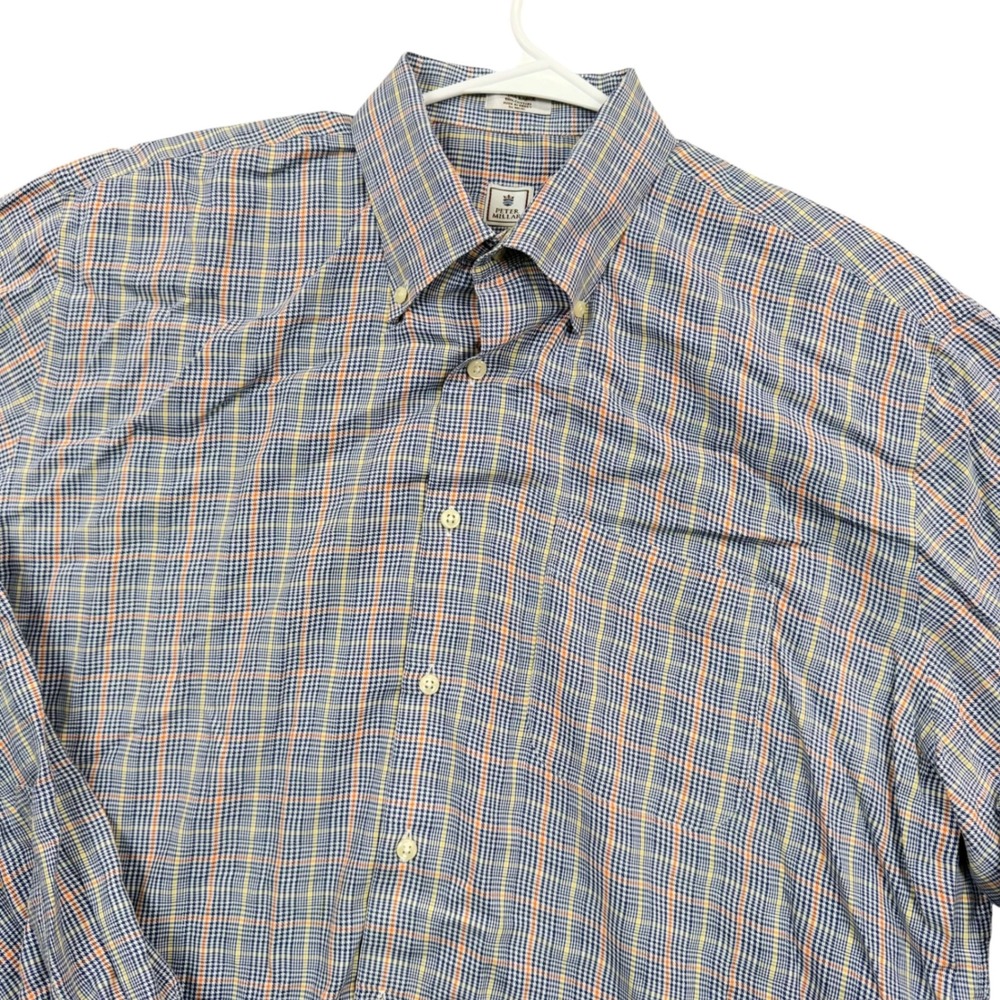 Peter Millar Button Down Shirt Mens XL Blue Orange Plaid Houndstooth Cotton